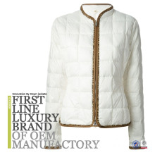 Women short white casual Winter jacket With Leather Piping